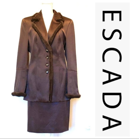 Escada Mink Trim Chocolate Brown Skirt Suit 8 - Picture 1 of 10